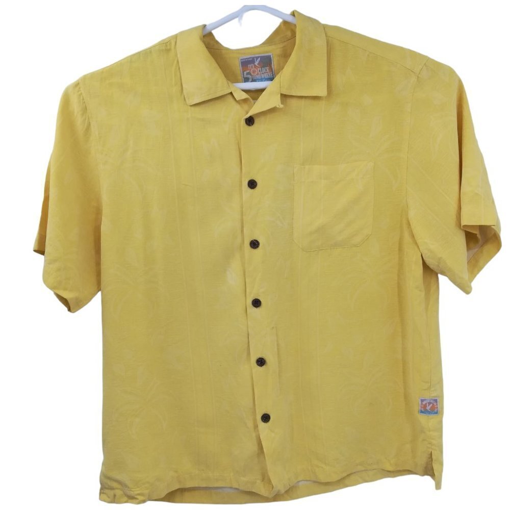 It's 5 O'clock Somewhere Mens Yellow 100% Silk Hawaiian Shirt Size XXL Button Up